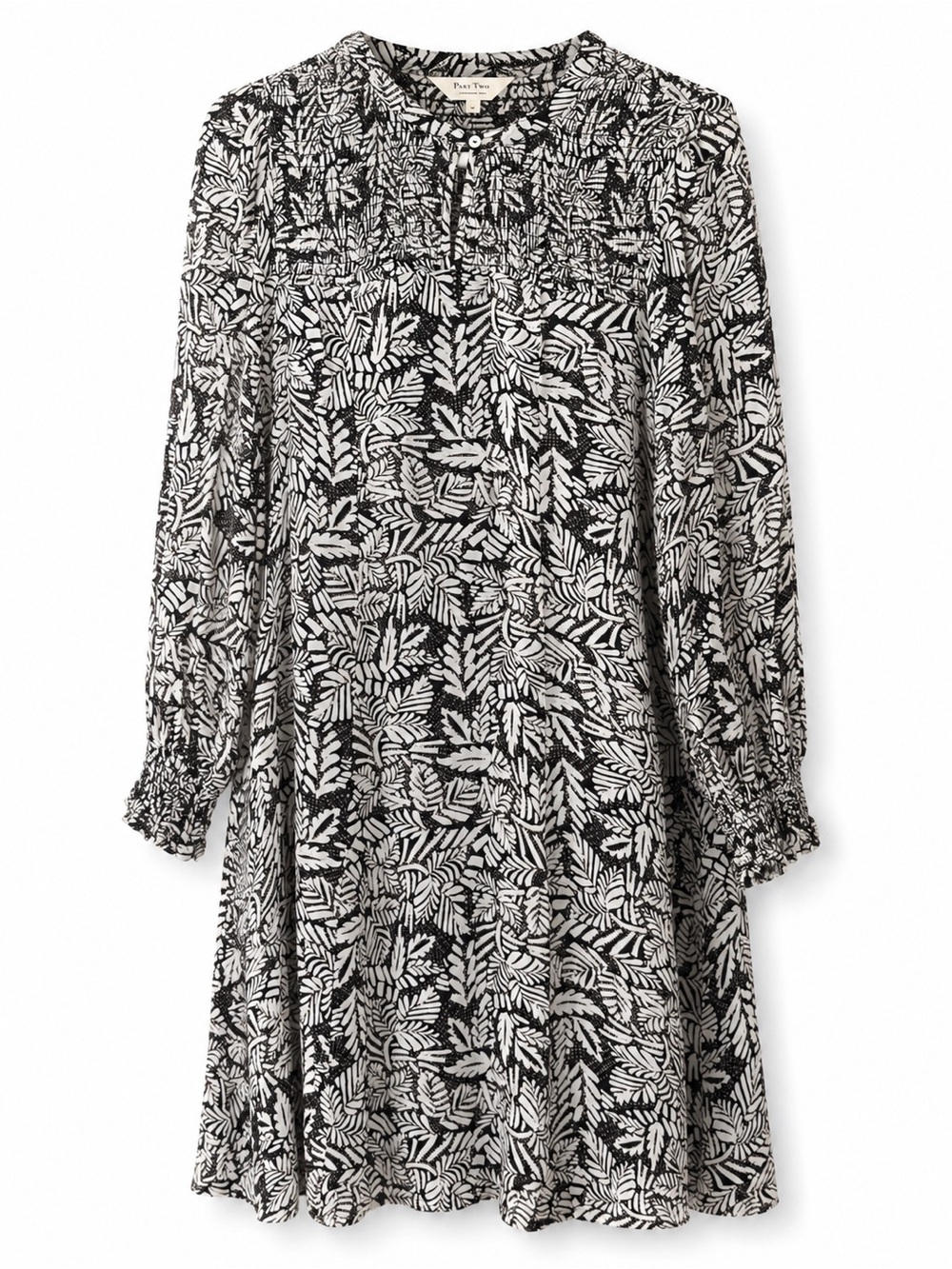 Part Two Black and White Leaf-Print Smocked Yoke Dress